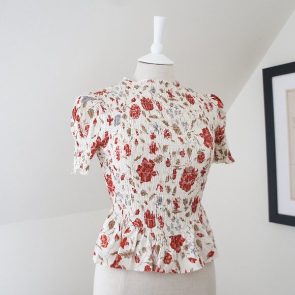 Reformation Aggie Magnolia Puff Sleeve Smocked Peplum Top Size Small NWT - Picture 2 of 16